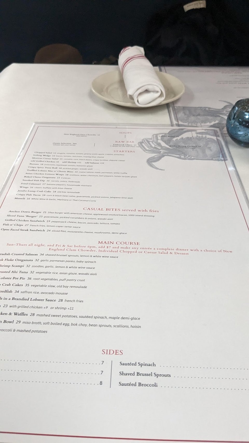 Printed seafood menu page